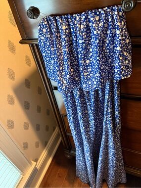 Vici Blue and White Floral Strapless Maxi Dress